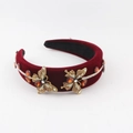 Detail of red velvet headband with gold butterfly ornaments and crystal chain trim - Wine Red Butterfly Style (D)