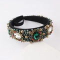 Baroque padded headband with emerald crystals and gold beads on a black velvet base - Green and White (D)