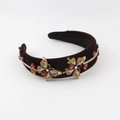 Baroque retro coffee velvet headband featuring gold rhinestone butterflies decoration - Dark Coffee Butterfly Style (C)