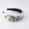 Detailed view of blue satin headband featuring baroque crystals and floral embroidery - Light Blue