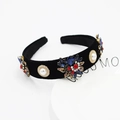 Baroque black velvet headband with blue gemstones, red flowers and white pearls - Blue