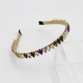 Detailed side view of baroque headband with multicolored marquise rhinestones on gold frame - Oval Colorful