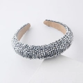 Detail of silver beaded padded headband featuring hand-sewn shimmering crystals - Silver Crystal