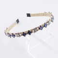 Detailed view of headband featuring gold wire, blue square crystals and white pearls - Square Diamond Blue