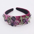 Baroque velvet headband with colorful rhinestones and floral crystal pattern - Purple