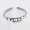 Detail of vintage thick light green milk silk headband with elegant pearls and gold trim - Light Green