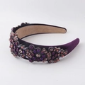 Detail of baroque velvet headband with hand-set purple and pink rhinestones in flower patterns - Purple
