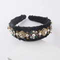 Detailed view of luxury black tweed headband with colorful rhinestones and pearls - Black Wide Headband (D)