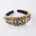 Detail of yellow tweed headband featuring pearls and colorful crystal floral embroidery - Ginger Yellow Wide Headband (A)