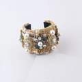 Detail view of tweed bangle bracelet with pearls and colorful crystal embellishments - Ginger Yellow Tweed Bracelet (F)