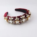Diadema barroca de terciopelo acolchada con cristales y perlas granate para mujer - Rojo