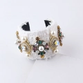 Detailed shot of white tweed cuff bracelet with faux pearls and colorful crystals - White Tweed Bracelet (H)