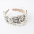 Luxurious padded headband with white pearls, rhinestones and elegant fringe tassels - White