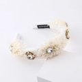 Close-up of handmade white lace headband with pearls and rhinestones showing hand-made label - Off White