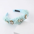 Luxury Baroque style light blue headband with crystals, lace flowers and pearls - Light Blue
