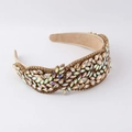 Baroque wide headband with champagne and AB color rhinestones on light brown velvet base - Yellow