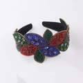 Detailed close-up of baroque leaf headband with colorful rhinestones and beads - Multicolor Heavy Beaded Style (D)