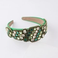 Detail of emerald green velvet headband featuring hand-set crystal rhinestones - Emerald Green Multicolor Rhinestone (B)