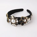 Baroque fashion headband with white pearls and sparkling crystals on black velvet base - Black