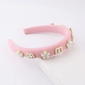 Pink sponge padded headband with pearl flowers and rhinestones for women on white background - Handmade Pearl Flower Rhinestone Style / Light Pink