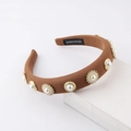 Fashion wide knit headband with large pearls and vintage gold sunburst flower settings - Coffee