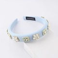 Detail of light blue sponge headband featuring pearl flowers and sparkling crystals - Handmade Pearl Flower Rhinestone Style / Light Blue