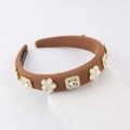 Detail of a brown woven headband featuring pearl flowers and sparkling rhinestone studs - Handmade Pearl Flower Rhinestone Style / Coffee