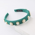 Close-up of handmade dark green headband with luxury pearls and floral crystal details - Dark Green