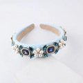 Baroque light blue sponge headband with pearls, rhinestones, and blue gemstones - Light Blue