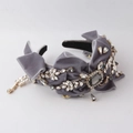 Diadema barroca de terciopelo gris con diamantes de imitación y lazo para fiestas - Gris