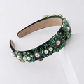 Detail of dark green velvet headband with emerald crystals and white pearls - Dark Green (D)