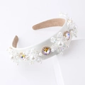 Baroque fashion headband with white pearls and sparkling crystal flowers on luxury leather - White