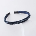 Close-up of navy blue beaded headband with faceted crystal gems on a satin-wrapped frame - Navy Blue