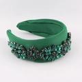 Green padded headband with wide fabric surface and sparkling rhinestone floral patterns - Green