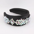 Close-up of padded headband with black woven fabric and colorful AB crystal flowers - Holographic Black