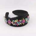 Detail of a padded black headband with colorful rhinestones in floral patterns - Black Multicolor