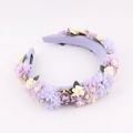 Detail view of purple baroque sponge headband with lace flowers, pearls and rhinestones - Purple Thickened Fabric Style (E)