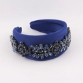 Detailed macro view of navy blue fabric headband with sparkling crystal floral patterns - Navy Blue Crystal