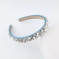 Detail view of lake blue fabric headband with emerald-cut crystals and rhinestone trim - Lake Blue (E)