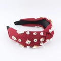 Detail of red checkered headband featuring faux pearls and sparkling rhinestones inlay - Red Plaid Style