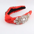 Red knotted fabric headband featuring luxury rhinestones and white pearls for women - Cluster Flower Rhinestone / Red Style (C)