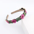Diadema barroca elegante con flores de cristal rosa y verde sobre una base de metal negro - Estilo Floral Rosa Y Verde (B)