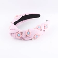 Elegante cerchietto intrecciato rosa pallido con fiori blu, perle e piccoli strass - Stile Floreale 3D Annodato in Raso (B) / Rosa Chiaro