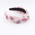Detail of pink plaid fabric headband featuring purple 3D flowers and blue rhinestones - Purple Flower Style (D)