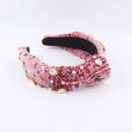 Detail of pink tweed headband featuring white pearls and sparkling crystal embellishments - Pink(A)