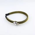 Detail of green velvet headband with side-mounted faux pearl and sparkling rhinestones - Dark Green