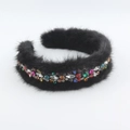 Luxury black mink fur headband with colorful rhinestones for elegant hair styling - Black