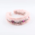 Elegant pink faux mink fur headband with sparkling rhinestones and soft inner lining - Pink