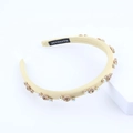 Detail of handmade beige satin headband featuring sparkling brown and iridescent rhinestones - Beige (E)