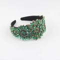 Close-up of green rhinestone flower headband with vintage baroque gold metal details - Vintage Green (A)